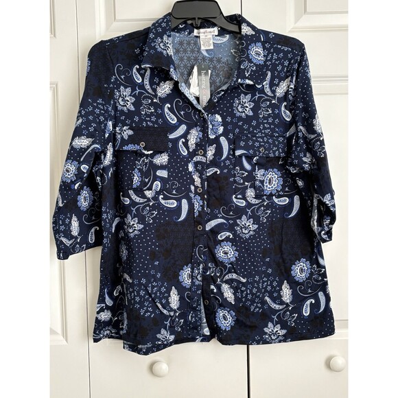 HASTING & SMITH WOMEN'S TOP NAVY FLORAL/PAISLEY GRAPHIC BUTTON DOWN ROLL SLEEVE - Picture 2 of 8